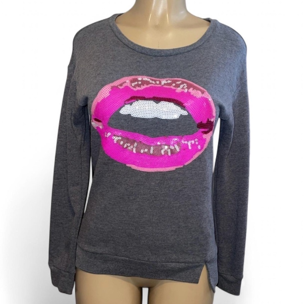 Juicy Couture Gray Sequined Lips Pullover Sweatshirt Small Y2K Hot Pink